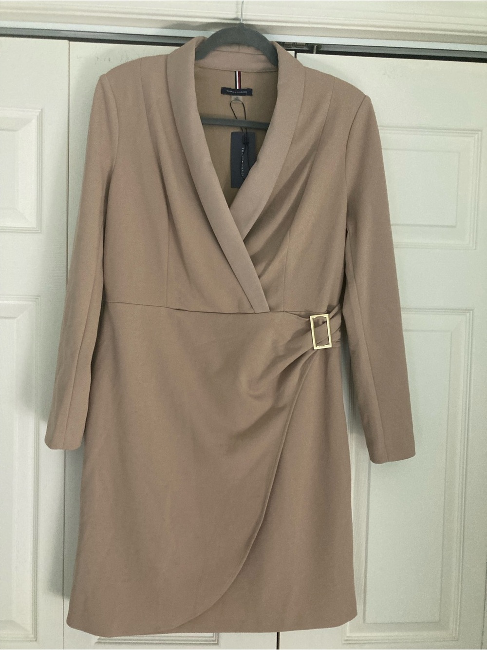 Tommy Hilfiger Camel Long-Sleeve Wrap Dress with Gold Buckle